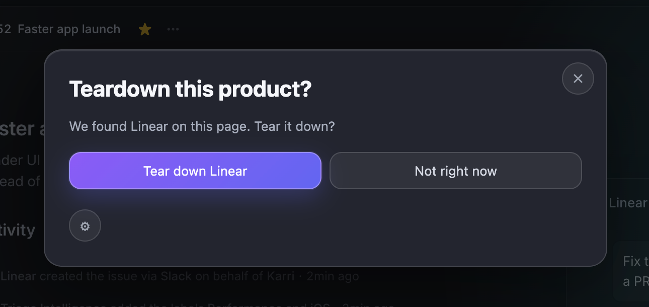 Teardown confirmation prompt asking whether to tear down the current product page