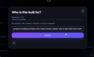 A Teardown question card asking who the product is built for, with an answer being typed in